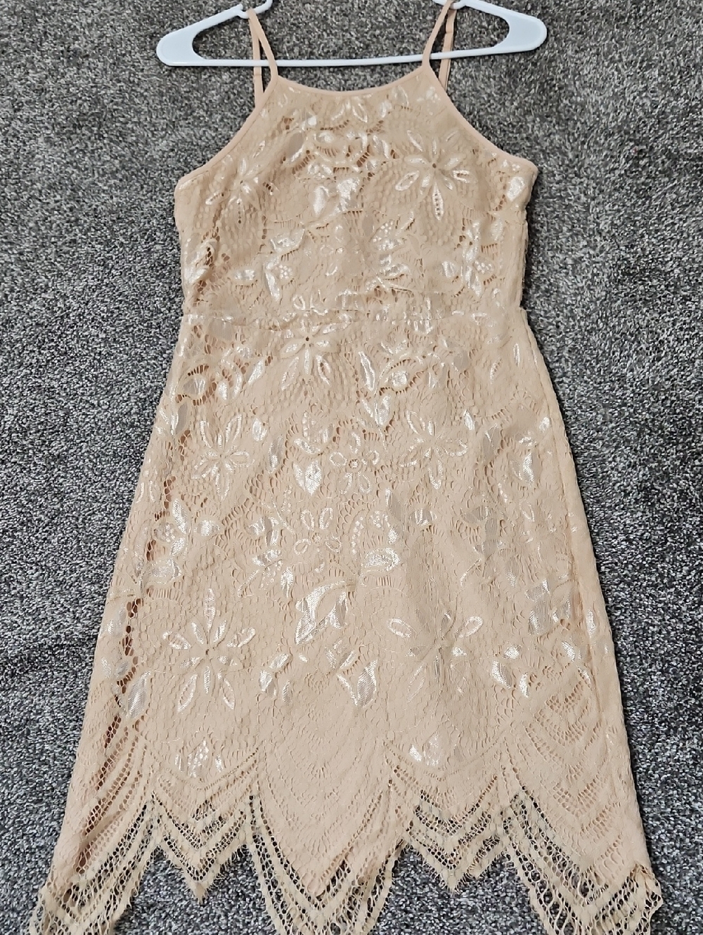 Beige And Metallic Lace Halter Midi Dress